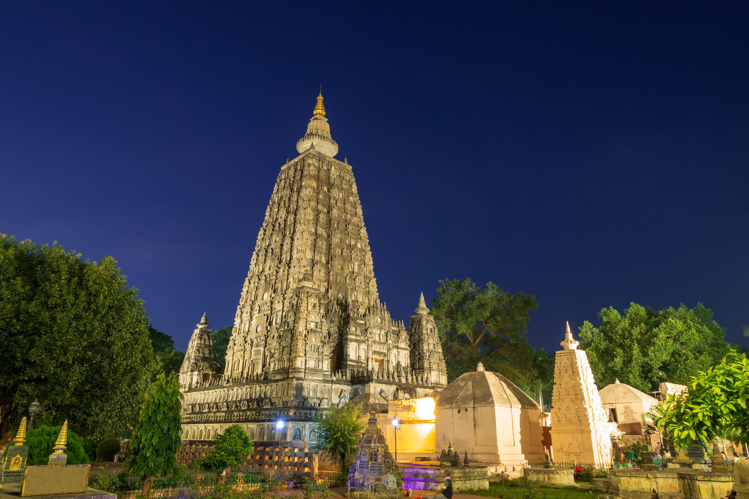 Mahabodhi temple at night, bodh gaya, India. The site where Gautam Buddha attained enlightenment.